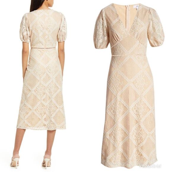 Revolve NSR Puff Sleeve Nude Tan White Cream Floral Lace Dress - Picture 2 of 10